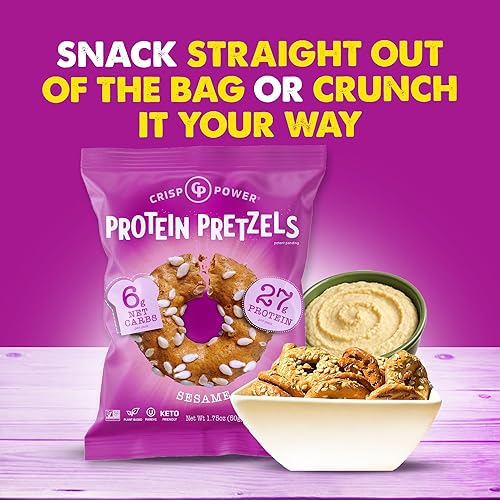 Crisp Power High Protein Pretzel Crisps - 6 Pack, 1.75 oz Each - Plant-Based Snack with 28g Protein, Vegan, Keto-Friendly