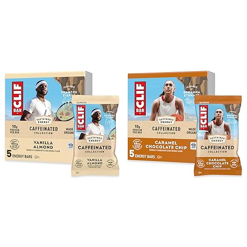 CLIF BAR Organic Caffeinated Energy Bars - Caramel Chocolate Chip & Vanilla Almond Flavor - Non-GMO - Plant Based Protein (10-Pack)
