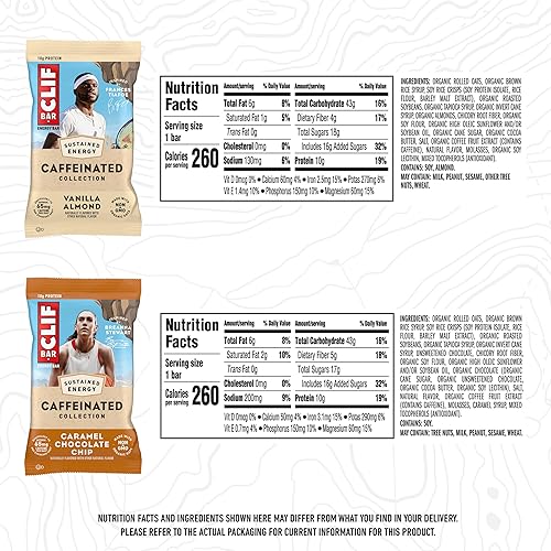 CLIF BAR Organic Caffeinated Energy Bars - Caramel Chocolate Chip & Vanilla Almond Flavor - Non-GMO - Plant Based Protein (10-Pack)