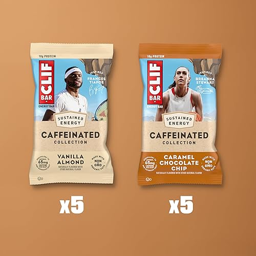 CLIF BAR Organic Caffeinated Energy Bars - Caramel Chocolate Chip & Vanilla Almond Flavor - Non-GMO - Plant Based Protein (10-Pack)