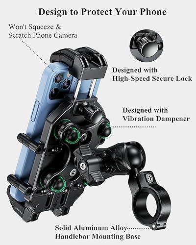 BRCOVAN MOTORCYCLE PHONE HOLDER WITH VIBRATION DAMPENER & SECURE LOCK, ANTI-THEFT MOUNT FOR 5.4''-7.2'' SMARTPHONES