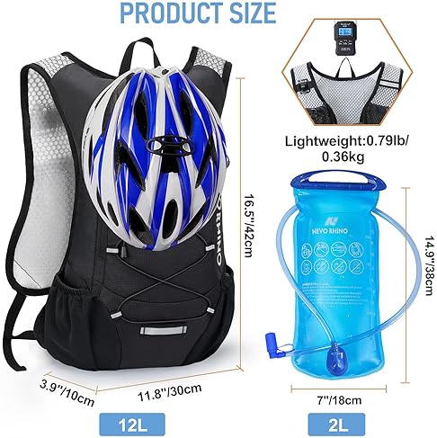 N NEVO RHINO 2L WATER BLADDER HYDRATION BACKPACK FOR RUNNING, CYCLING, HIKING - LIGHTWEIGHT DAYPACK FOR MEN AND WOMEN