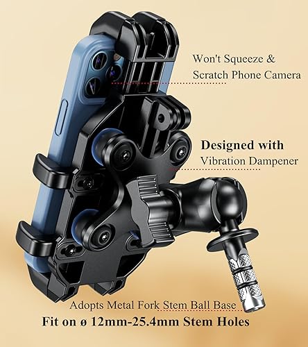 BRCOVAN ADJUSTABLE MOTORCYCLE FORK STEM PHONE MOUNT WITH VIBRATION DAMPENER - FITS 12MM-25.4MM TUBES - COMPATIBLE WITH 5.4''-7.2'' SMARTPHONES