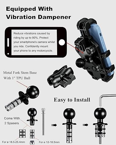BRCOVAN ADJUSTABLE MOTORCYCLE FORK STEM PHONE MOUNT WITH VIBRATION DAMPENER - FITS 12MM-25.4MM TUBES - COMPATIBLE WITH 5.4''-7.2'' SMARTPHONES