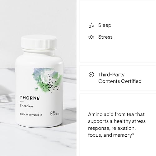THORNE L-Theanine Capsules - 200mg - Promotes Stress Relief, Relaxation, Focus - 90 Count