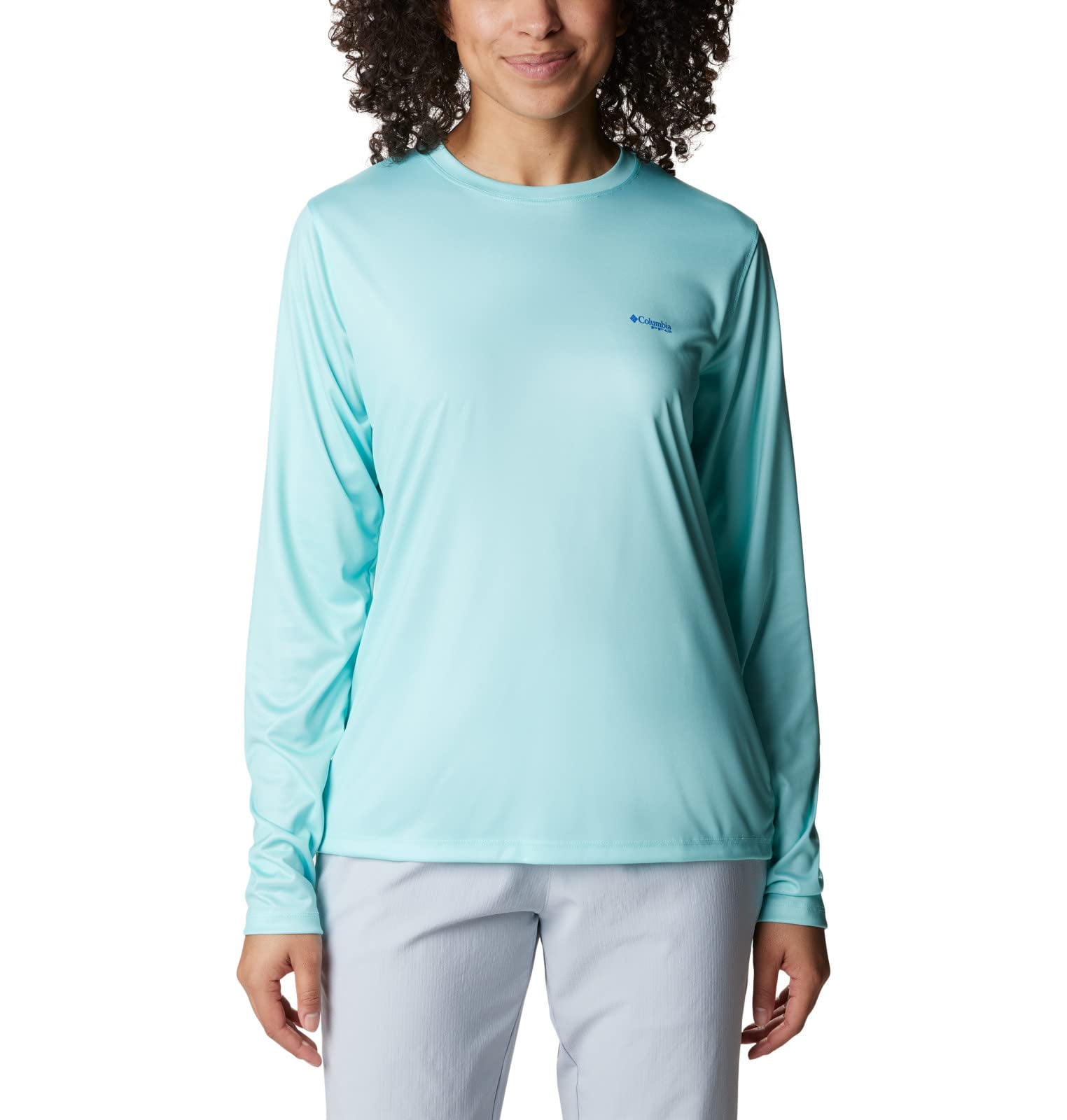 COLUMBIA WOMEN'S TIDAL TEE PFG FISH FLAG LONG SLEEVE SHIRT - GULF STREAM/FISH AND FRIENDS FLAG OMBRE, SIZE XS