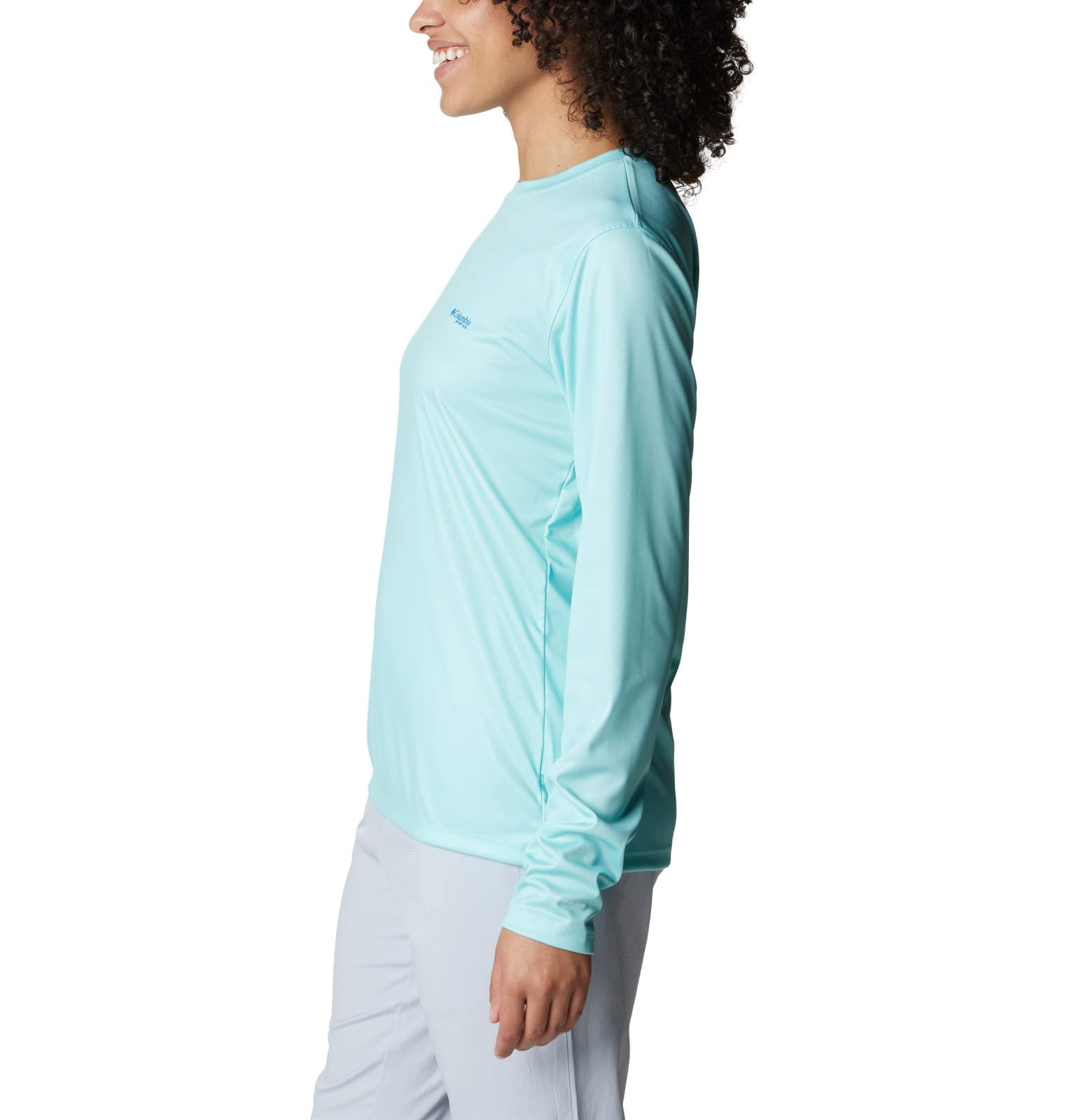 COLUMBIA WOMEN'S TIDAL TEE PFG FISH FLAG LONG SLEEVE SHIRT - GULF STREAM/FISH AND FRIENDS FLAG OMBRE, SIZE XS