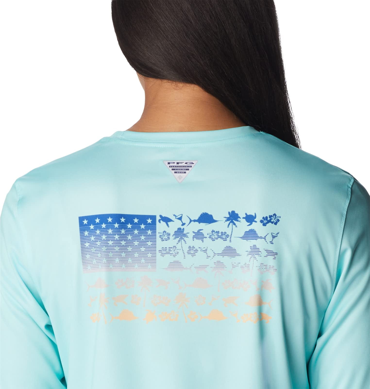 COLUMBIA WOMEN'S TIDAL TEE PFG FISH FLAG LONG SLEEVE SHIRT - GULF STREAM/FISH AND FRIENDS FLAG OMBRE, SIZE XS