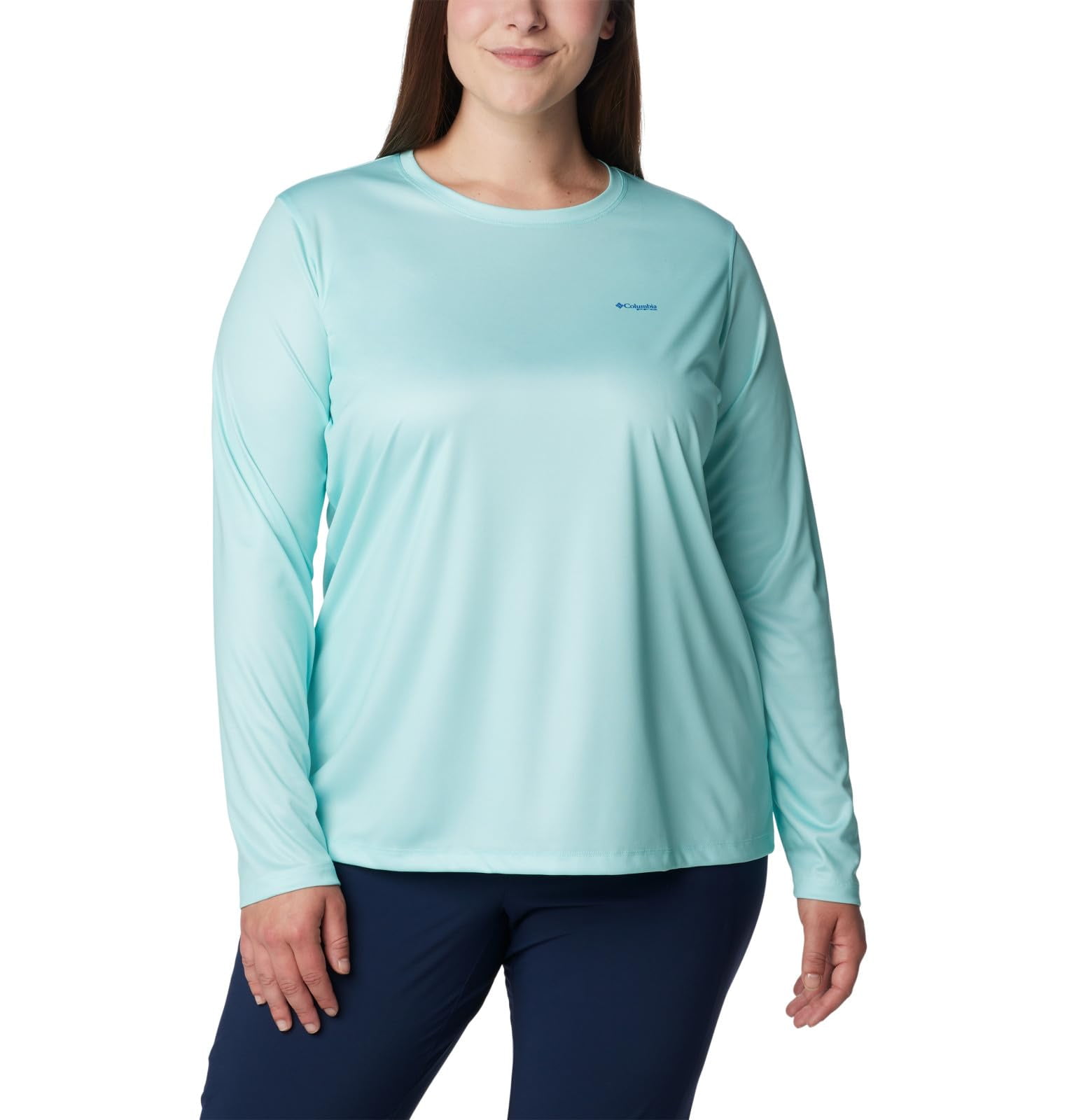 COLUMBIA WOMEN'S TIDAL TEE PFG FISH FLAG LONG SLEEVE SHIRT - GULF STREAM/FISH AND FRIENDS FLAG OMBRE, SIZE XS