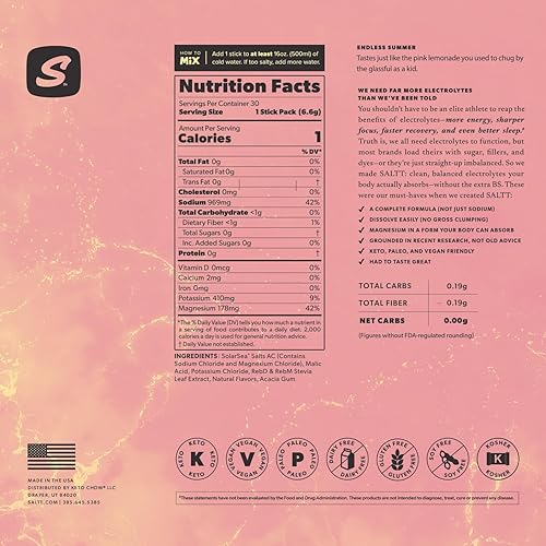 Keto Chow Endless Summer Keto Chow SALTT Electrolytes Powder Drink Mix - 30 Hydration Packets - Zero Sugar & Gluten Free