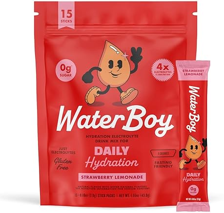 Waterboy Daily Hydration Electrolyte Powder Packets | Strawberry Lemonade Flavor | No Sugar, All Natural, Gluten Free | 15 Drink Mix Sticks