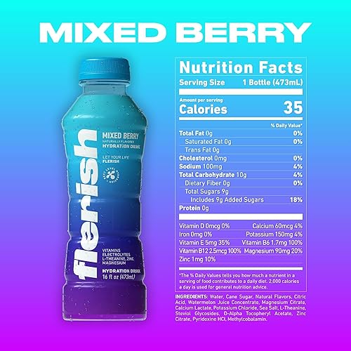 FLERISH Watermelon Hydration Drink | Electrolytes, Magnesium & L-Theanine | No Artificial Sweeteners | 35 Calories | 12-Pack 16 oz