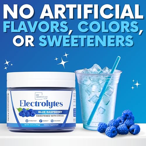 My Adventure Blue Raspberry Electrolyte Powder - Sugar-Free Drink Mix - All Natural Vegan Keto Paleo - Caffeine-Free Energy - 37 Servings