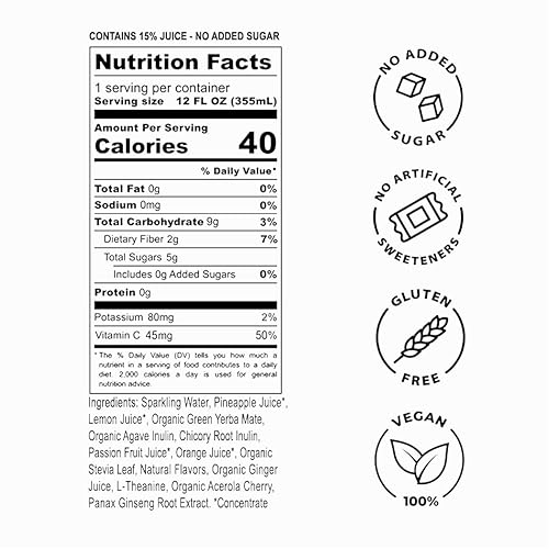 GNGR Yerba Mate Tropical Paradise Energy Drink with L-Theanine, Prebiotics, Vitamin C - 100mg Caffeine - 12-Pack