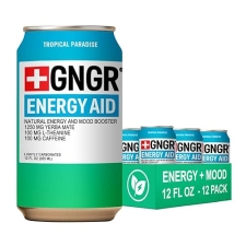 GNGR Yerba Mate Tropical Paradise Energy Drink with L-Theanine, Prebiotics, Vitamin C - 100mg Caffeine - 12-Pack