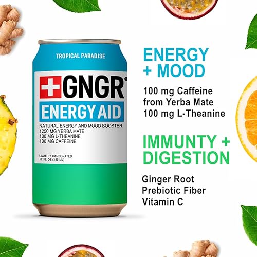 GNGR Yerba Mate Tropical Paradise Energy Drink with L-Theanine, Prebiotics, Vitamin C - 100mg Caffeine - 12-Pack