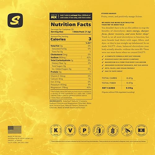 Keto Chow SALTT Electrolytes Powder Drink Mix - Mango Flavor - 30 Hydration Packets - Zero Sugar, Gluten Free