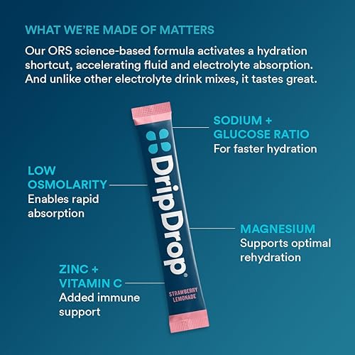 DripDrop Hydration Packets Variety Pack - Electrolyte Powder Mix - Grape, Fruit Punch, Strawberry Lemonade, Cherry - Non-GMO, Gluten-Free, Vegan - 16 Sticks