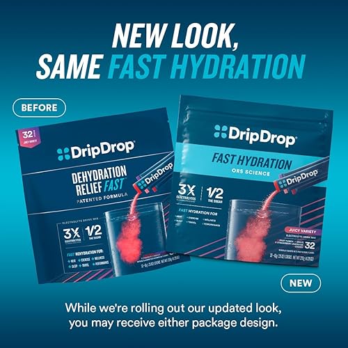 DripDrop Hydration Packets Variety Pack - Electrolyte Powder Mix - Grape, Fruit Punch, Strawberry Lemonade, Cherry - Non-GMO, Gluten-Free, Vegan - 16 Sticks