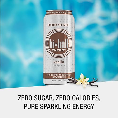 Hiball Energy Vanilla Seltzer Drink, Zero Sugar & Calorie, 16oz Cans, 8-Pack