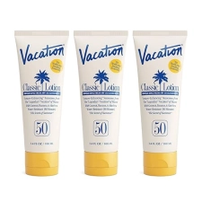 SPF 50 Vacation Classic Sunscreen Lotion, Water-Resistant, Lightweight, Dermatologist-Tested, Vegan (3.4 Fl. Oz x 3)