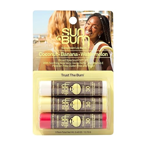 SUN BUM SPF 30 LIP BALM VARIETY PACK - COCONUT, BANANA, WATERMELON - MOISTURIZING VEGAN FORMULA - UVA/UVB PROTECTION - 0.15 OZ, 3 CT