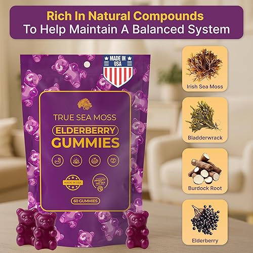 TRUESEAMOSS IMMUNE-BOOSTING SEA MOSS ELDERBERRY GUMMIES FOR ALL AGES - MADE IN USA - 60 VEGAN GUMMIES