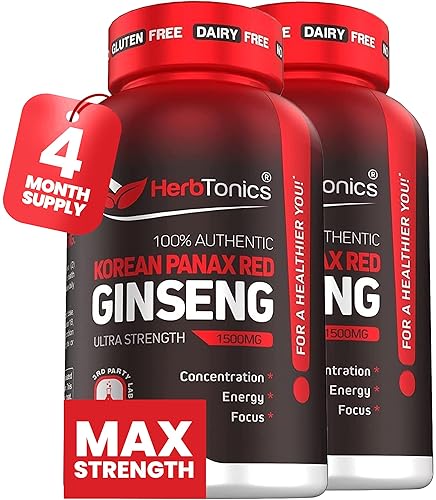 HERBTONICS KOREAN RED PANAX GINSENG 1500MG ENERGY SUPPLEMENT - PEAK PERFORMANCE, FOCUS & VITALITY - HIGH POTENCY - 240 CAPSULES