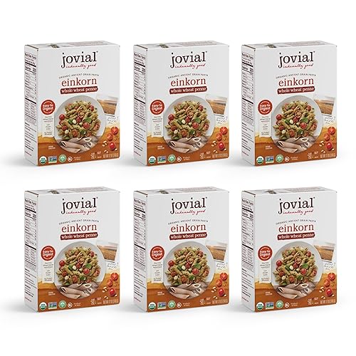 JOVIAL ORGANIC WHOLE WHEAT EINKORN PENNE RIGATE PASTA - HIGH PROTEIN, NON-GMO, USDA CERTIFIED, MADE IN ITALY - 12 OZ, 6 PACK