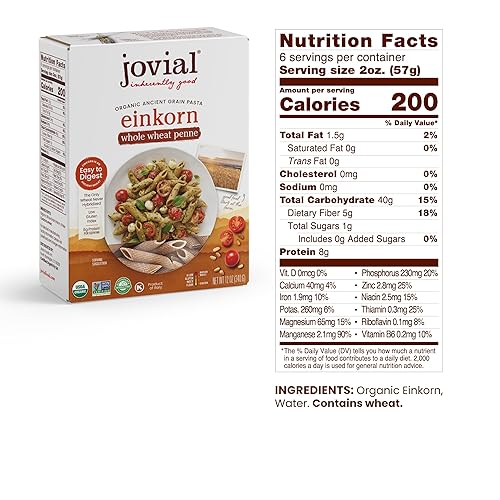 JOVIAL ORGANIC WHOLE WHEAT EINKORN PENNE RIGATE PASTA - HIGH PROTEIN, NON-GMO, USDA CERTIFIED, MADE IN ITALY - 12 OZ, 6 PACK