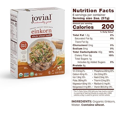 JOVIAL ORGANIC EINKORN FUSILLI PASTA - HIGH PROTEIN, NON-GMO, USDA CERTIFIED, MADE IN ITALY - 12 OZ, 6 PACK