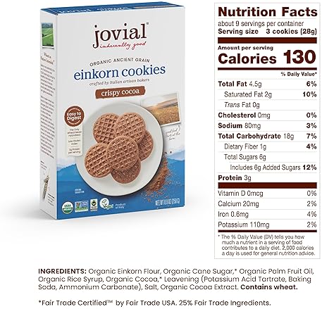 JOVIAL ORGANIC EINKORN COCOA COOKIES - VEGAN, HIGH PROTEIN, FAIR TRADE, ALL NATURAL, LOW CARB, LOW SUGAR - 8.8 OZ