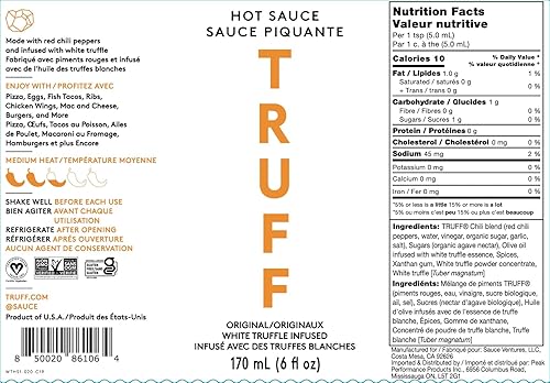 TRUFF WHITE TRUFFLE HOT SAUCE - GOURMET BLEND WITH CHILI PEPPERS AND WHITE TRUFFLE OIL, 6 OZ