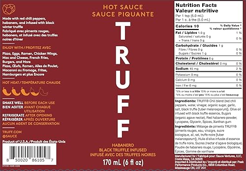 TRUFF HABANERO BLACK TRUFFLE HOT SAUCE, SPICY GOURMET SAUCE WITH JALAPEñO & RED CHILI PEPPERS, 6 OZ.