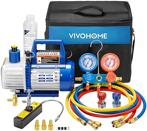 VIVOHOME 110V 1/3 HP AIR VACUUM PUMP + R134A AC MANIFOLD GAUGE SET KIT FOR HVAC - ETL LISTED
