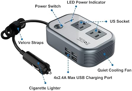 FOVAL 200W CAR POWER INVERTER WITH 4 USB PORTS - 12V DC TO 110V AC ADAPTER