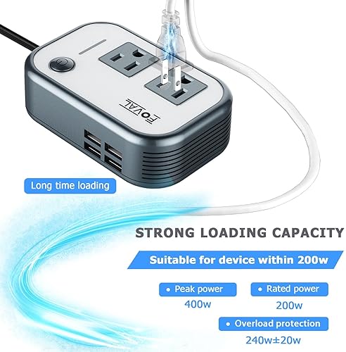FOVAL 200W CAR POWER INVERTER WITH 4 USB PORTS - 12V DC TO 110V AC ADAPTER
