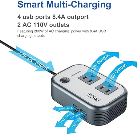 FOVAL 200W CAR POWER INVERTER WITH 4 USB PORTS - 12V DC TO 110V AC ADAPTER