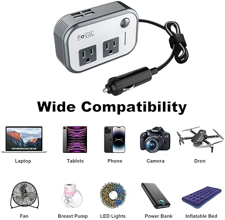 FOVAL 200W CAR POWER INVERTER WITH 4 USB PORTS - 12V DC TO 110V AC ADAPTER