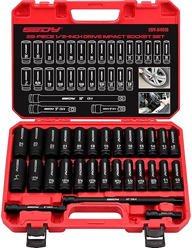 SEDY 29-PIECE 1/2" DRIVE IMPACT SOCKET SET - SAE & METRIC SIZES WITH EXTENSION BARS - CR-V MATERIAL FOR HIGH DURABILITY