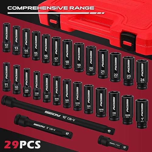 SEDY 29-PIECE 1/2" DRIVE IMPACT SOCKET SET - SAE & METRIC SIZES WITH EXTENSION BARS - CR-V MATERIAL FOR HIGH DURABILITY