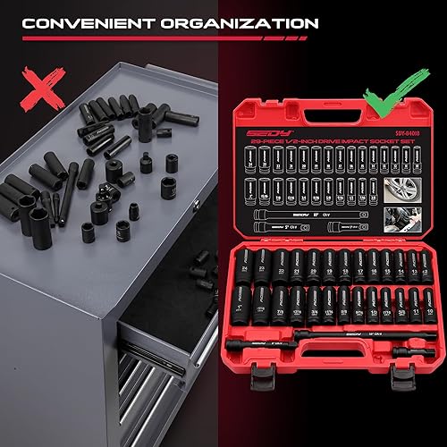 SEDY 29-PIECE 1/2" DRIVE IMPACT SOCKET SET - SAE & METRIC SIZES WITH EXTENSION BARS - CR-V MATERIAL FOR HIGH DURABILITY