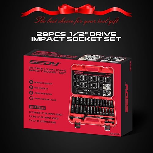 SEDY 29-PIECE 1/2" DRIVE IMPACT SOCKET SET - SAE & METRIC SIZES WITH EXTENSION BARS - CR-V MATERIAL FOR HIGH DURABILITY