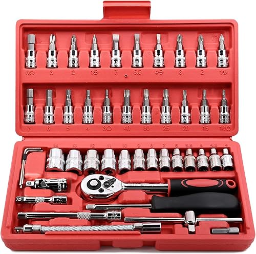 EGOFINE 46-PIECE SOCKET RATCHET WRENCH SET WITH METRIC BIT SET AND EXTENSION BAR - IDEAL FOR AUTO REPAIR & HOUSEHOLD - STORAGE CASE INCLUDED