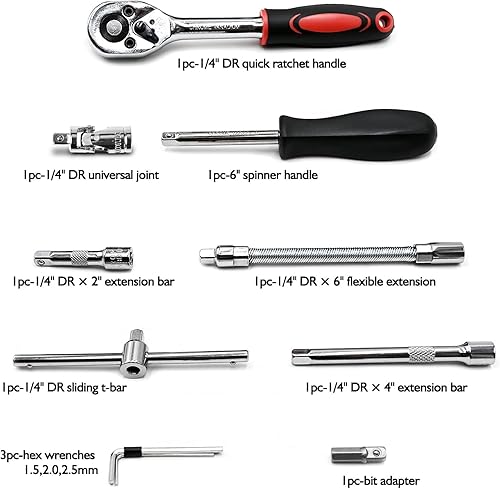EGOFINE 46-PIECE SOCKET RATCHET WRENCH SET WITH METRIC BIT SET AND EXTENSION BAR - IDEAL FOR AUTO REPAIR & HOUSEHOLD - STORAGE CASE INCLUDED