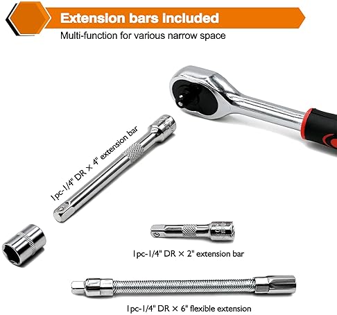 EGOFINE 46-PIECE SOCKET RATCHET WRENCH SET WITH METRIC BIT SET AND EXTENSION BAR - IDEAL FOR AUTO REPAIR & HOUSEHOLD - STORAGE CASE INCLUDED