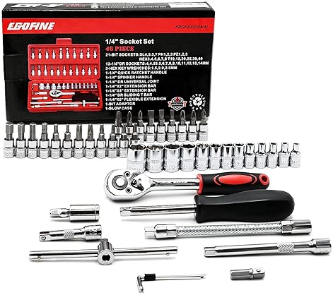 EGOFINE 46-PIECE SOCKET RATCHET WRENCH SET WITH METRIC BIT SET AND EXTENSION BAR - IDEAL FOR AUTO REPAIR & HOUSEHOLD - STORAGE CASE INCLUDED