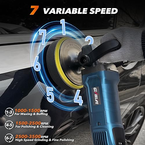 GEVEELIFE 1600W 6"/7" CAR BUFFER POLISHER WAXER, 7 SPEEDS, DETACHABLE HANDLE FOR CAR/BOAT, SANDING, POLISHING