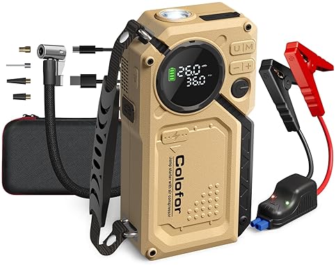COLOFOR PORTABLE CAR JUMP STARTER WITH AIR COMPRESSOR & LED LIGHT - 2500A PEAK, 150PSI TIRE INFLATOR - 12V 18000MAH BATTERY