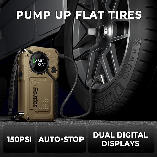 COLOFOR PORTABLE CAR JUMP STARTER WITH AIR COMPRESSOR & LED LIGHT - 2500A PEAK, 150PSI TIRE INFLATOR - 12V 18000MAH BATTERY